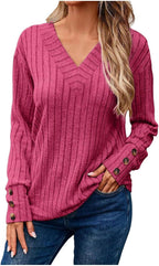Women's Cozy Autumn Winter V Neck Button Down Long Sleeve Tee