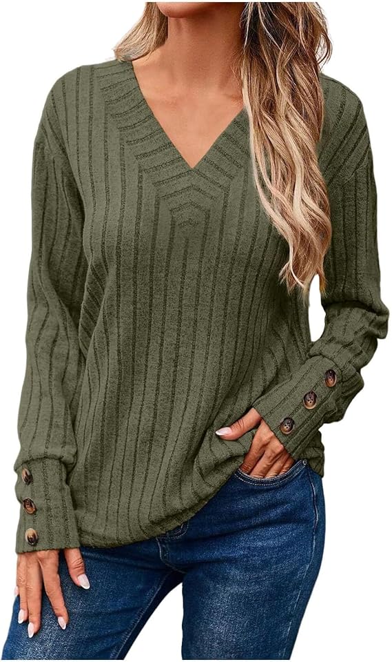 Women's Cozy Autumn Winter V Neck Button Down Long Sleeve Tee