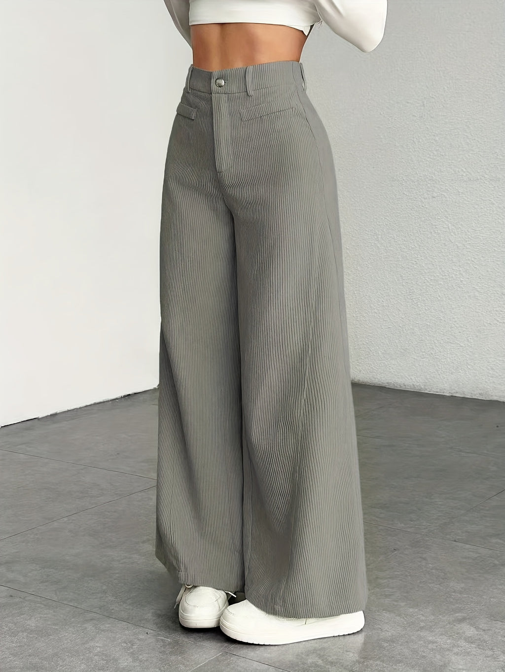Women's High Waisted Wide Leg Pants Corduroy Textured Casual Washable Trousers