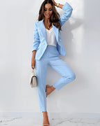 Women's Two-Piece Autumn Suit with Double-Breasted Blazer and Straight-Cut Trousers - Light Blue