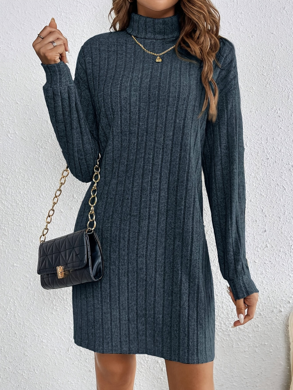 French Solid Color Turtleneck Long Sleeved Textured Fabric Sweater Dress