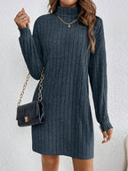 French Solid Color Turtleneck Long Sleeved Textured Fabric Sweater Dress