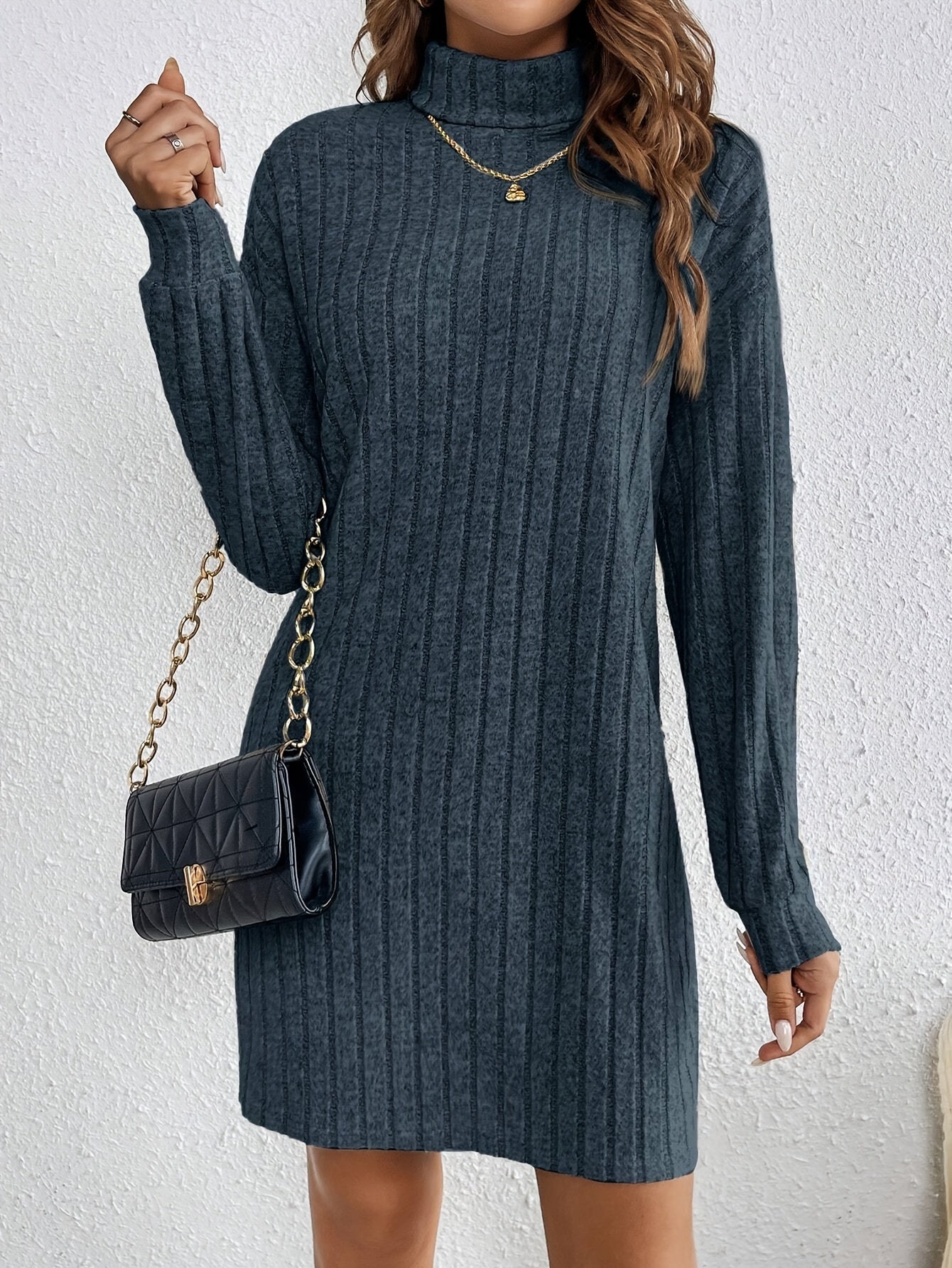 French Solid Color Turtleneck Long Sleeved Textured Fabric Sweater Dress