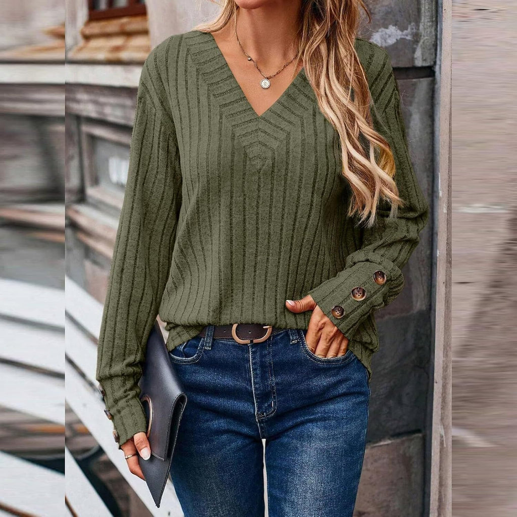 Women's Cozy Autumn Winter V Neck Button Down Long Sleeve Tee