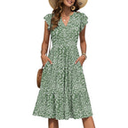 Midi V-Neck A-Line Dress - Green Fallen Leaves