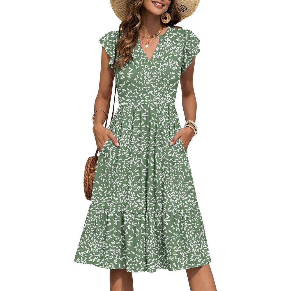 Midi V-Neck A-Line Dress - Green Fallen Leaves