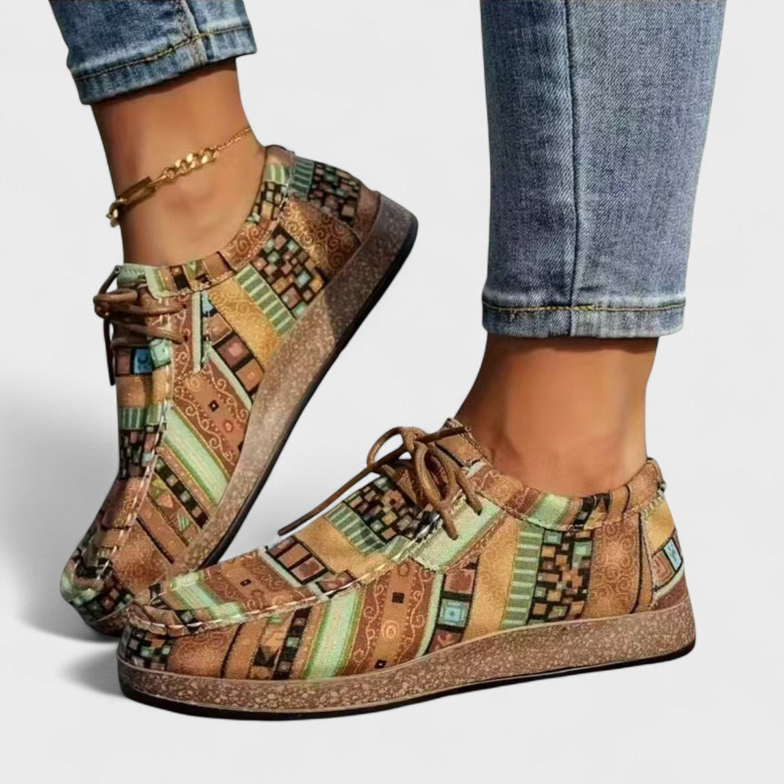 Women's Sneakers with Arch Support and Wide Sole in Multicolor Design - Khaki