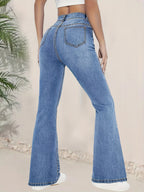 Women's High-Waisted Flared Denim Jeans – Slim Fit Blue Bootcut Pants