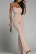 Women's Summer Jumpsuit, Off-Shoulder, Sleeveless, Figure-Hugging, Solid Color - Khaki Pink