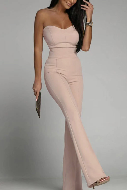 Women's Summer Jumpsuit, Off-Shoulder, Sleeveless, Figure-Hugging, Solid Color - Khaki Pink