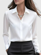 Women's Long-Sleeve Top with Concealed Button Placket and Rounded Hem - White