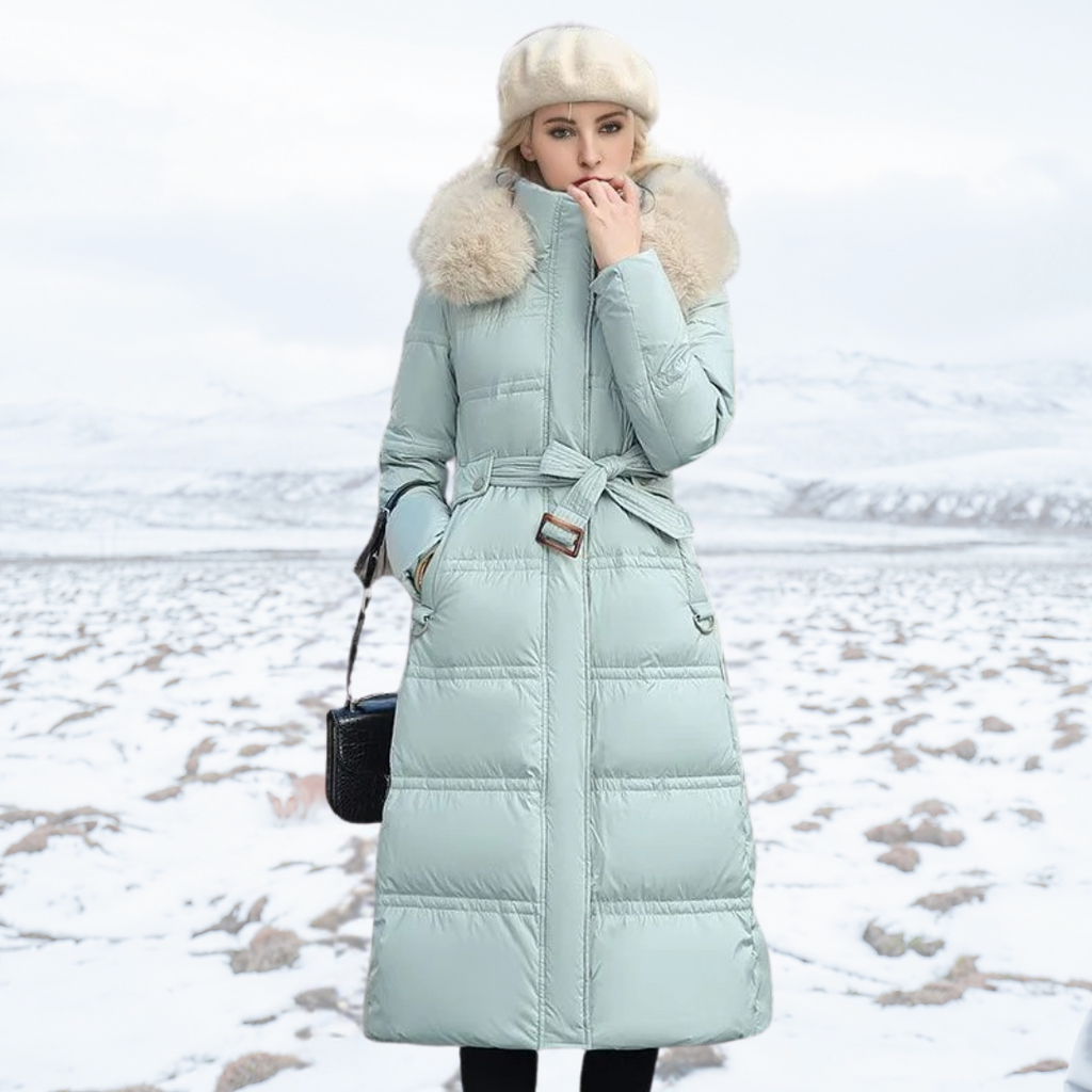 Fatiha - Elegant Long Women's Winter Fur-Trim Coat for the Winter Months - Light Blue with Beige Collar