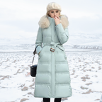 Fatiha - Elegant Long Women's Winter Fur-Trim Coat for the Winter Months - Light Blue with Beige Collar