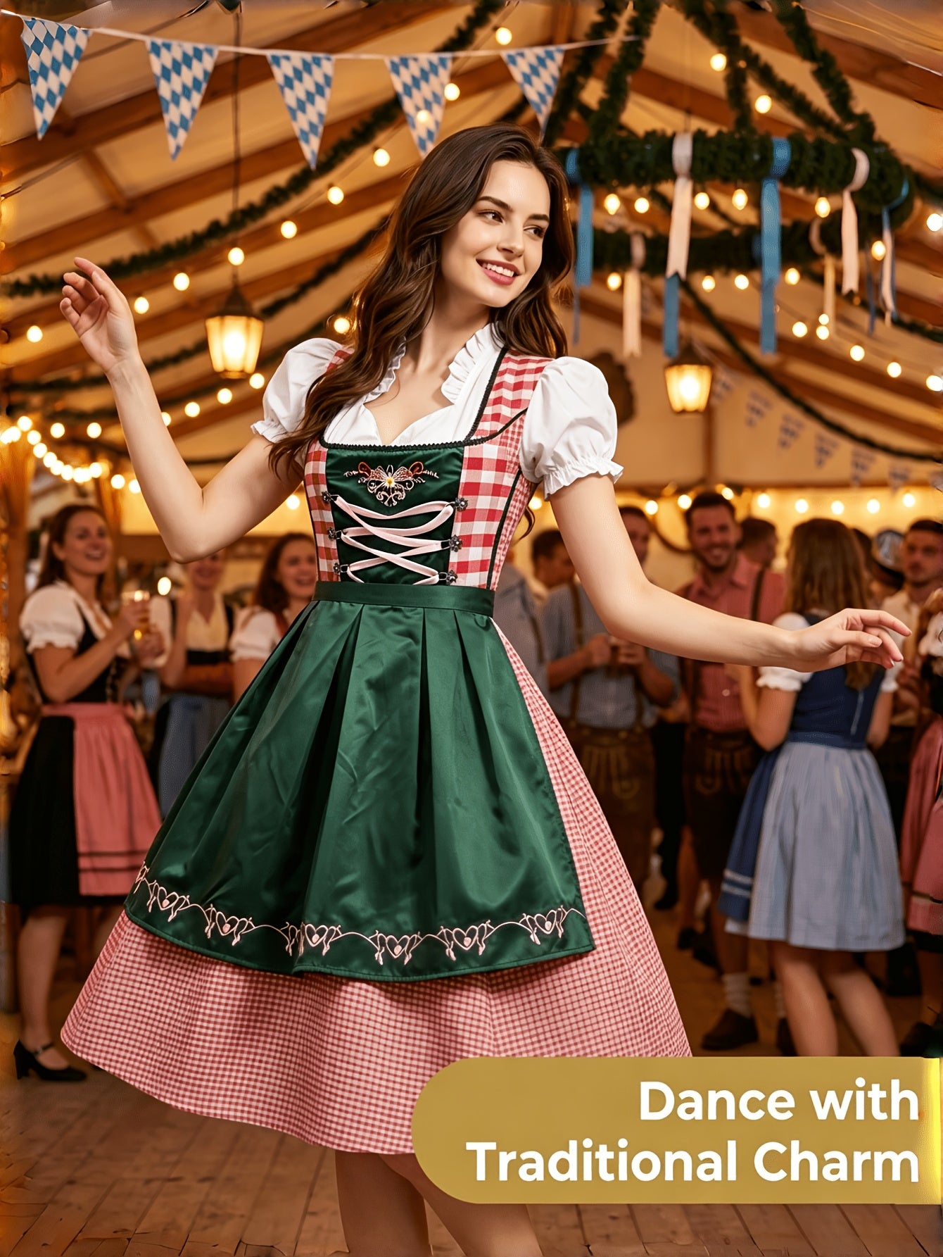 Women's Munich Oktoberfest Plaid Jacquard Dress, Dirndl Costume for Oktoberfest
