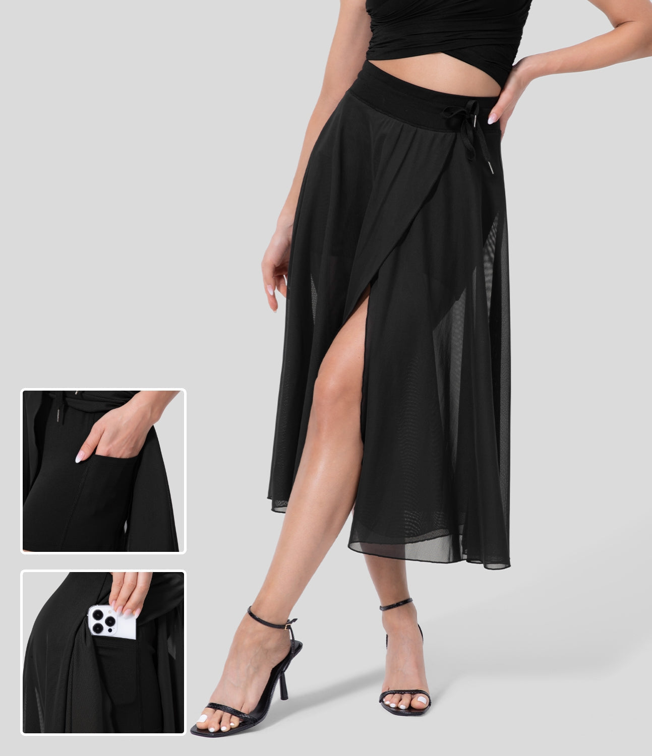 Livan - High-Waisted 2-in-1 Flowing Summer Midi Skirt - Black