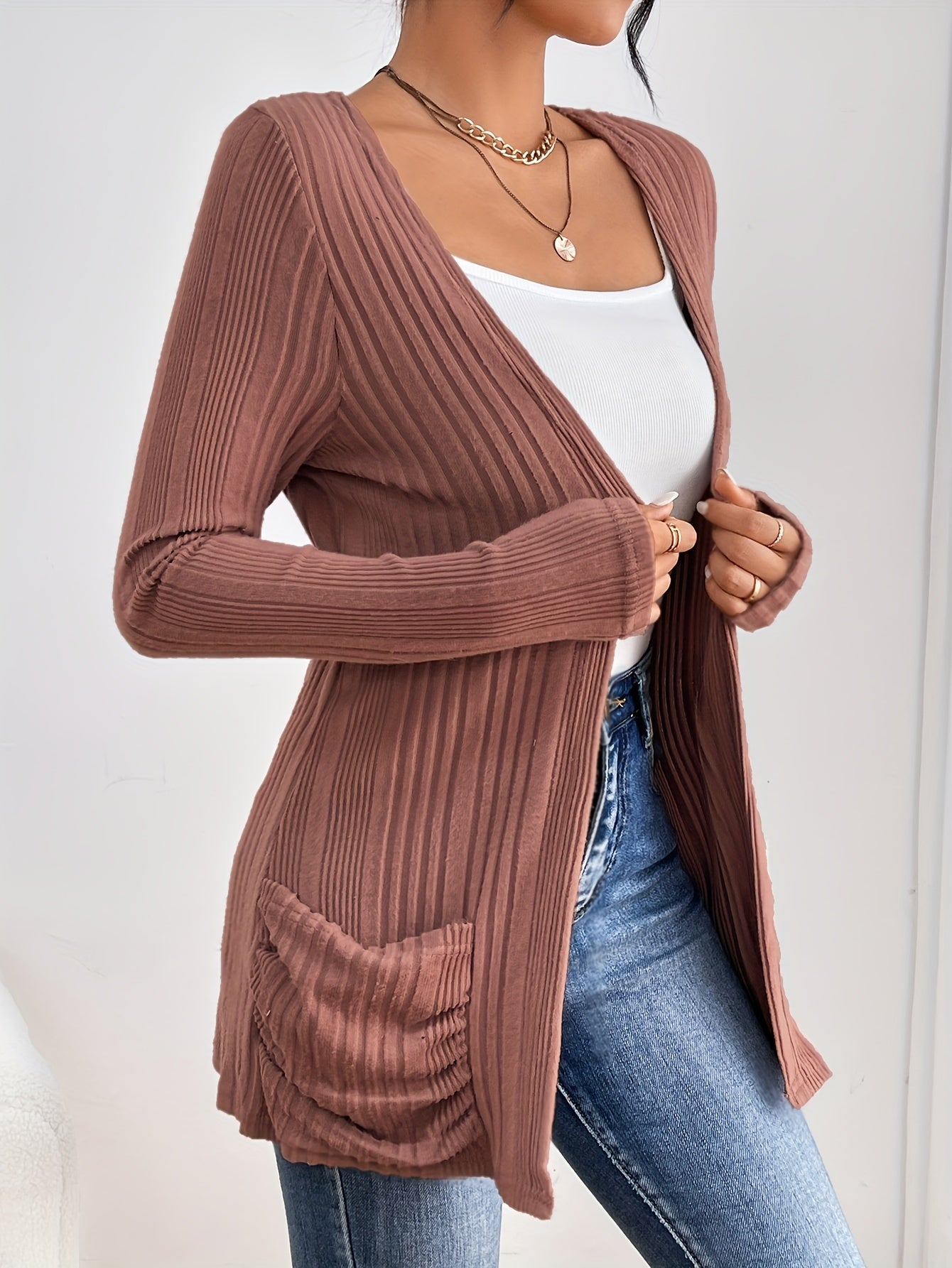 Drop shoulder ribbed cardigan | Soft Knit Open Front Casual Layer