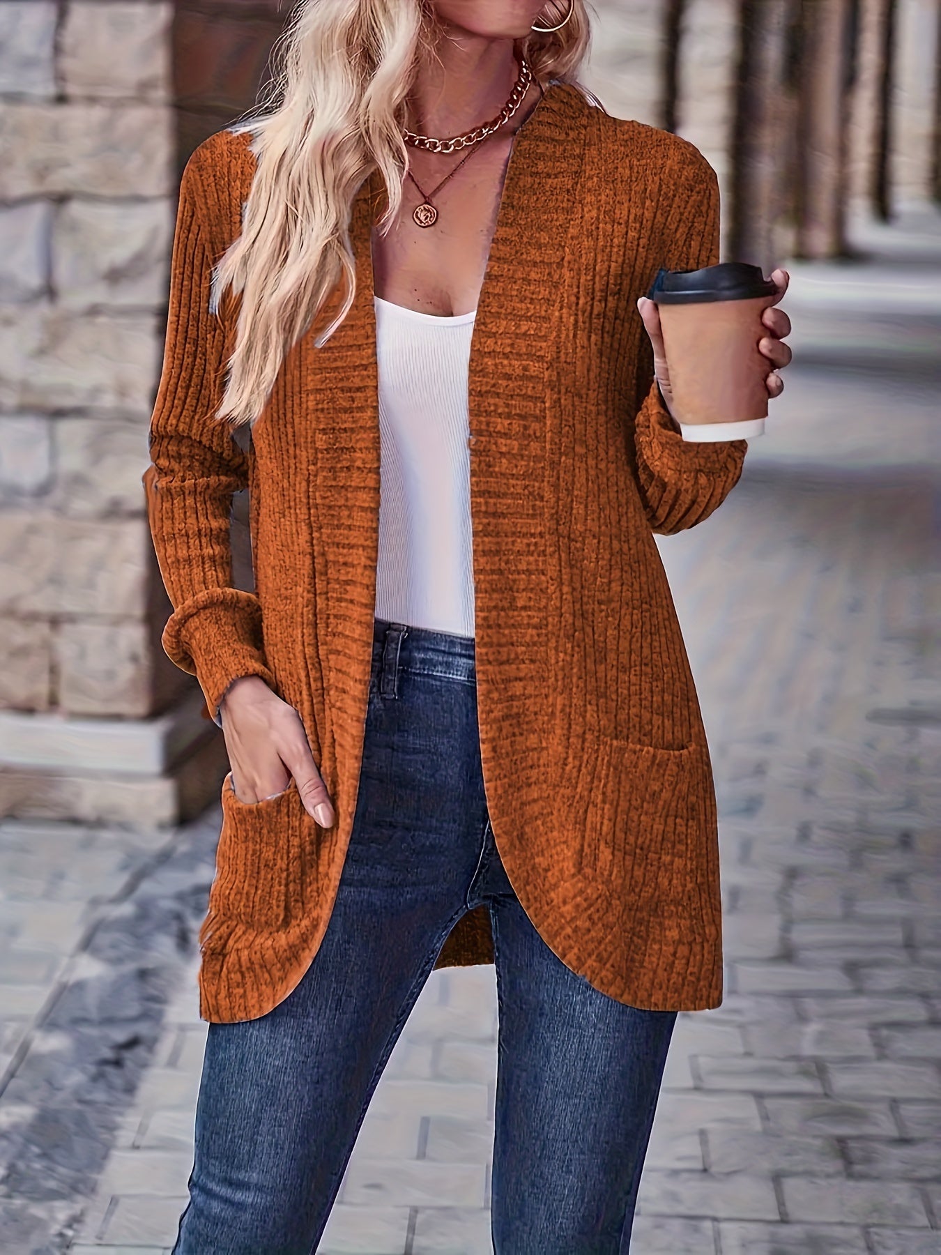 Elegant Directional Style Fashionable Loose Ribbed Pocket Long Sleeve Top