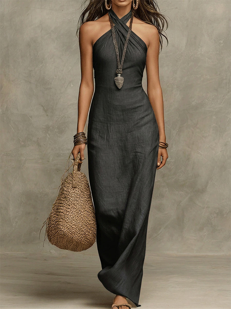 Cotton Linen Maxi Dress with Halter Neck casual vacation wear