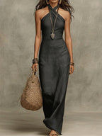 Cotton Linen Maxi Dress with Halter Neck casual vacation wear
