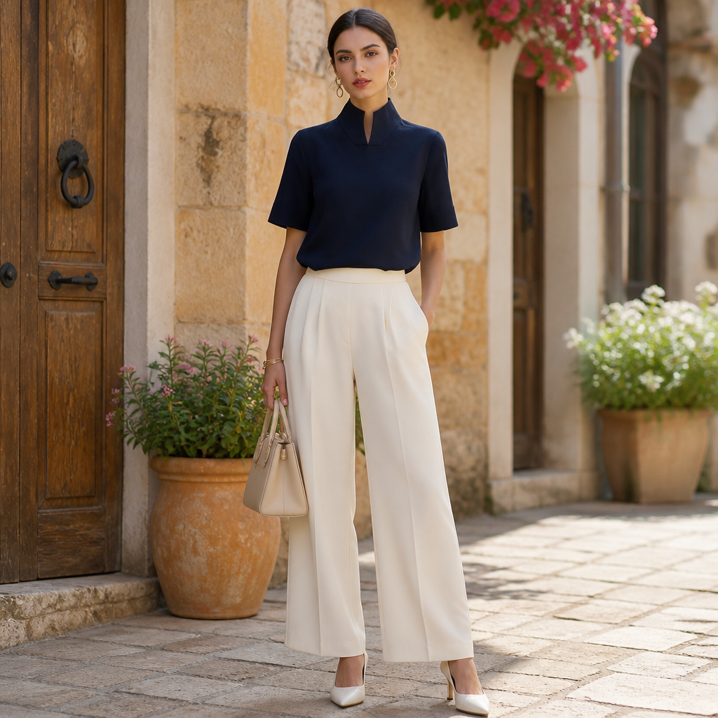Women's Stand Up Collar Minimalist Textured Blouse | Lightweight Blouse
