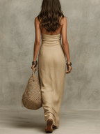 Cotton Linen Maxi Dress with Halter Neck casual vacation wear