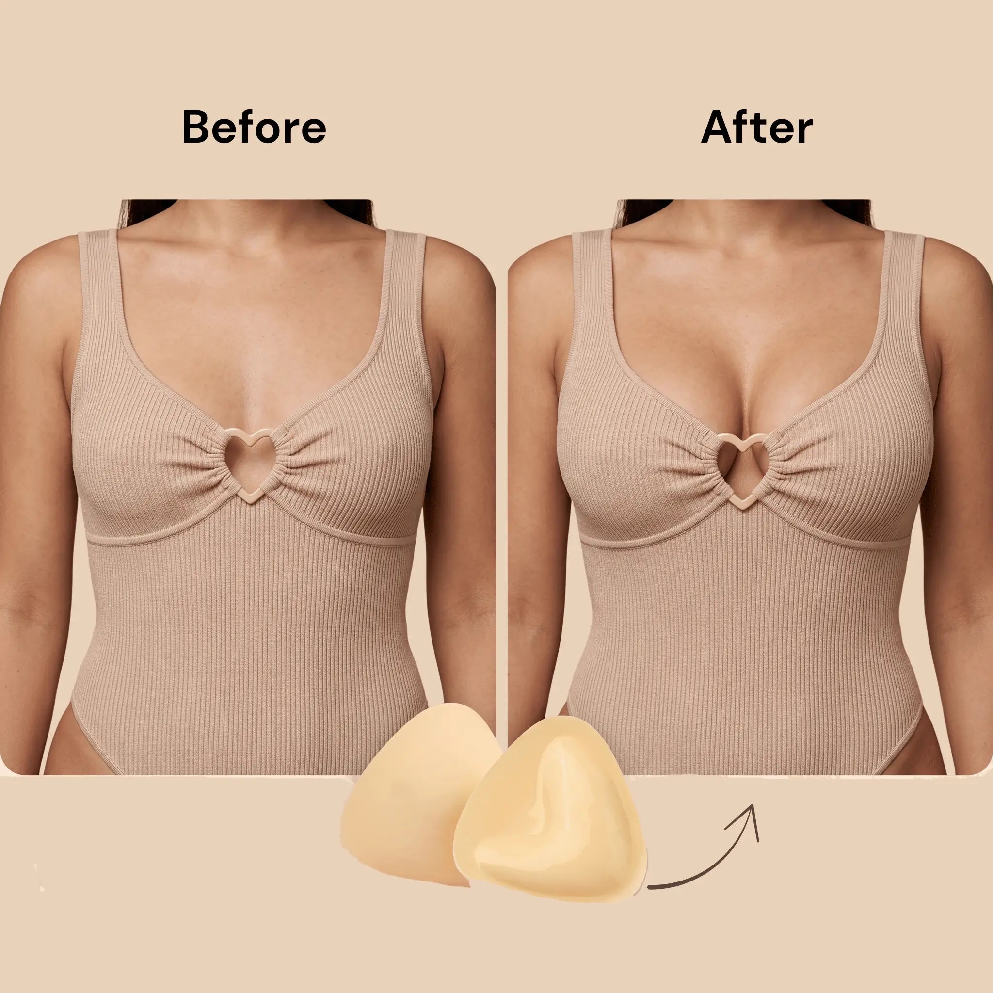 Before and after comparison of a beige bodysuit with a heart-shaped cutout on a beige background.