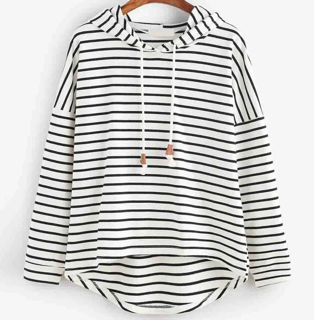 Women's Autumn Hoodie with Stripe Pattern, Kangaroo Pocket and Adjustable Hood - White