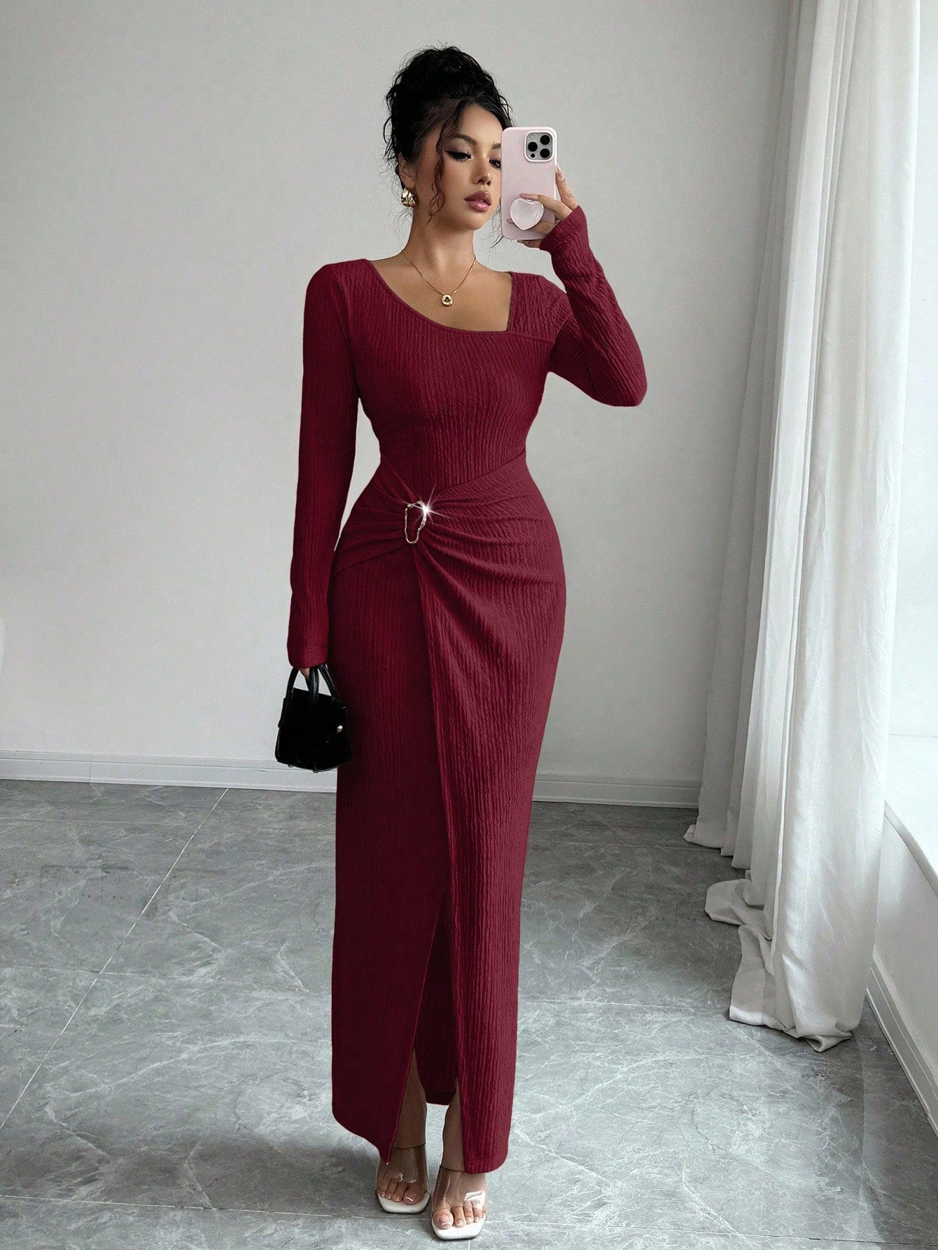Zwarte sculptuur maxi-jurk met wikkeldetail