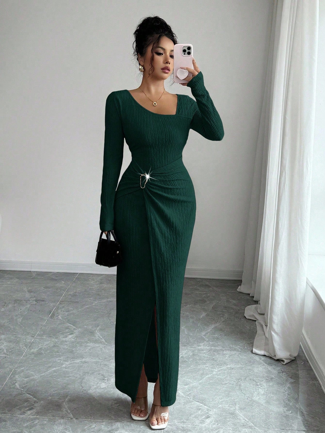 Zwarte sculptuur maxi-jurk met wikkeldetail