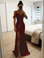 Women's Spring Maxi Dress, Sleeveless with V-Neck, Sequin Detail and Side Slit - Bordeaux