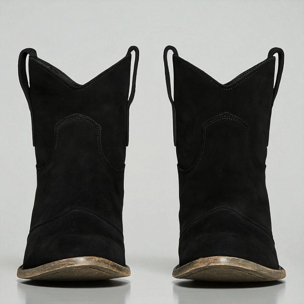 Women's Ankle Boots with Western Embroidery and Block Heel - Black