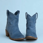 Women's Ankle Boots with Western Embroidery and Block Heel - Light Blue