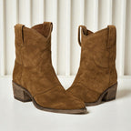 Women's Ankle Boots with Western Embroidery and Block Heel - Brown