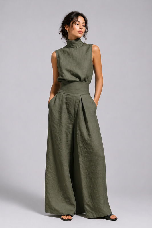 Women's Premium Linen Two Piece Set with Wide Leg Pants Summer Fashion