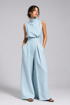 Women's Premium Linen Two Piece Set with Wide Leg Pants Summer Fashion