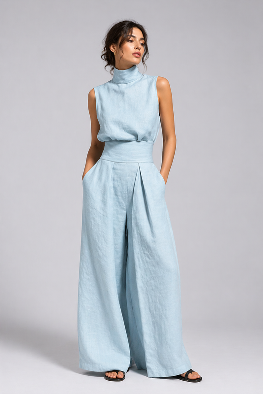 Women's Premium Linen Two Piece Set with Wide Leg Pants Summer Fashion