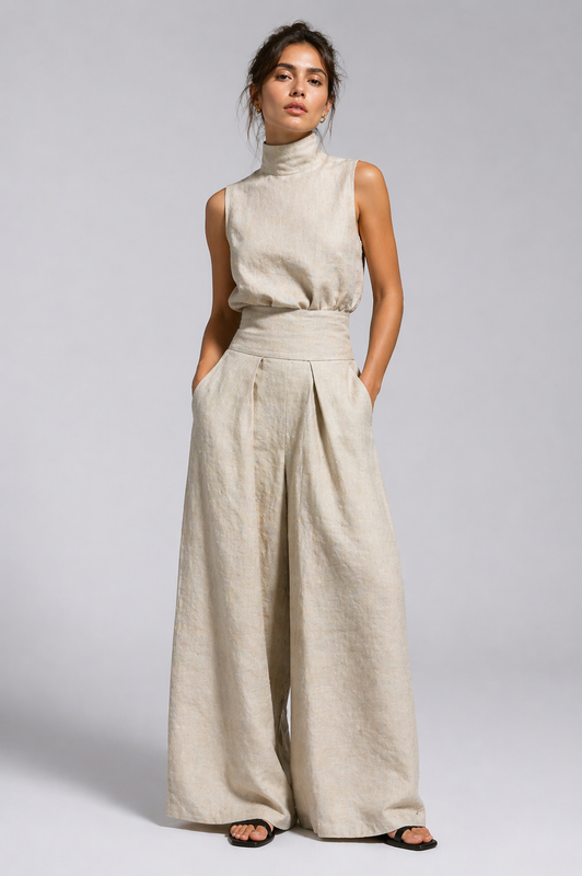 Women's Premium Linen Two Piece Set with Wide Leg Pants Summer Fashion