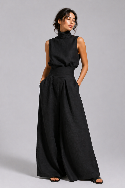 Women's Premium Linen Two Piece Set with Wide Leg Pants Summer Fashion