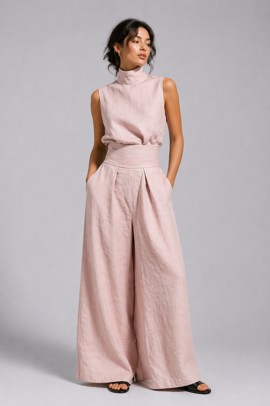 Women's Premium Linen Two Piece Set with Wide Leg Pants Summer Fashion