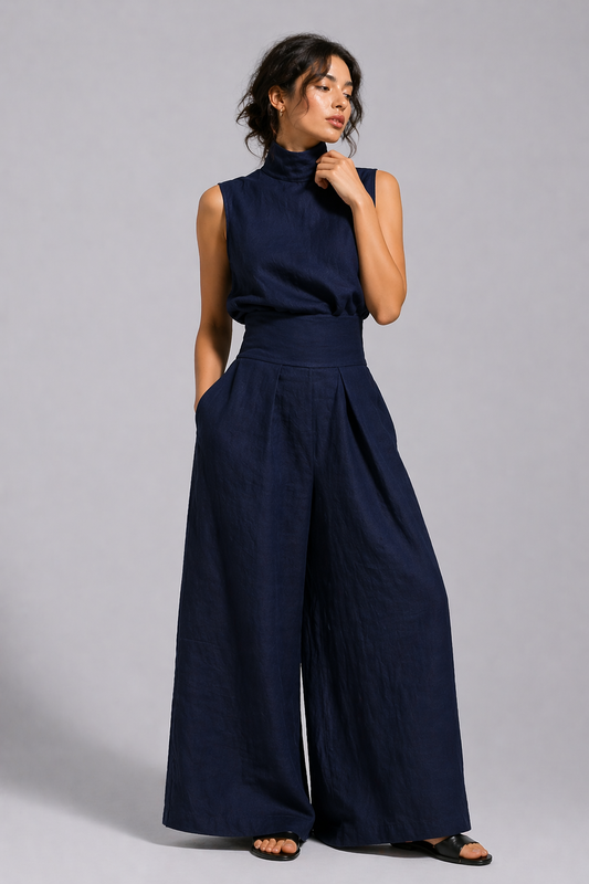 Women's Premium Linen Two Piece Set with Wide Leg Pants Summer Fashion