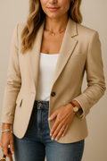 Women's Blazer with Single-Button Closure and Flap Pockets - Beige