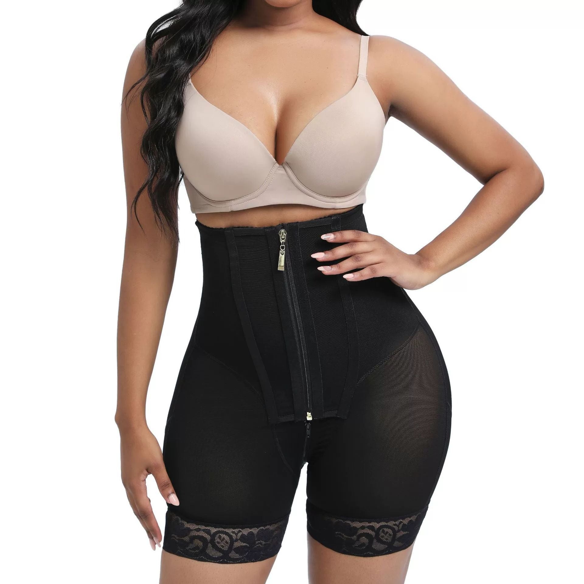 High-Waist Vormgevend Corrigerend Kort Broekje met Ritssluiting aan de Voorkant