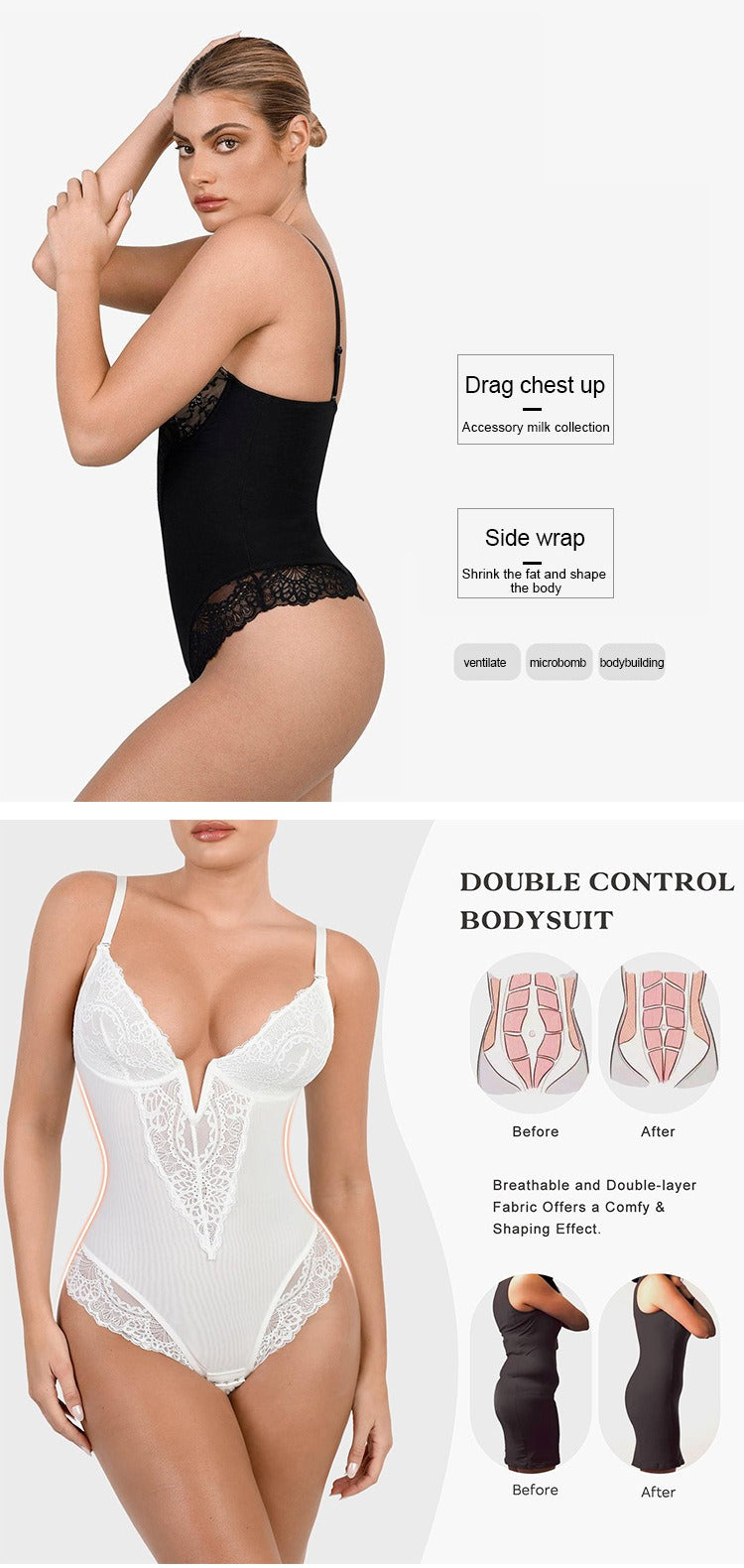 Kanten diepe V-hals corrigerende bodysuit