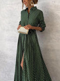 Kharen - Autumn Maxi Dress with Vintage Charm and Polka Dot - Green