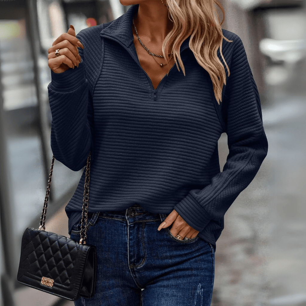 Women's Half-Zip Sweater with Textured Surface and Relaxed Fit - Navy
