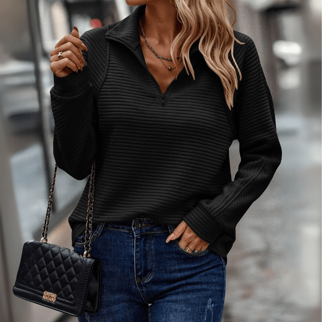 Women's Half-Zip Sweater with Textured Surface and Relaxed Fit - Black