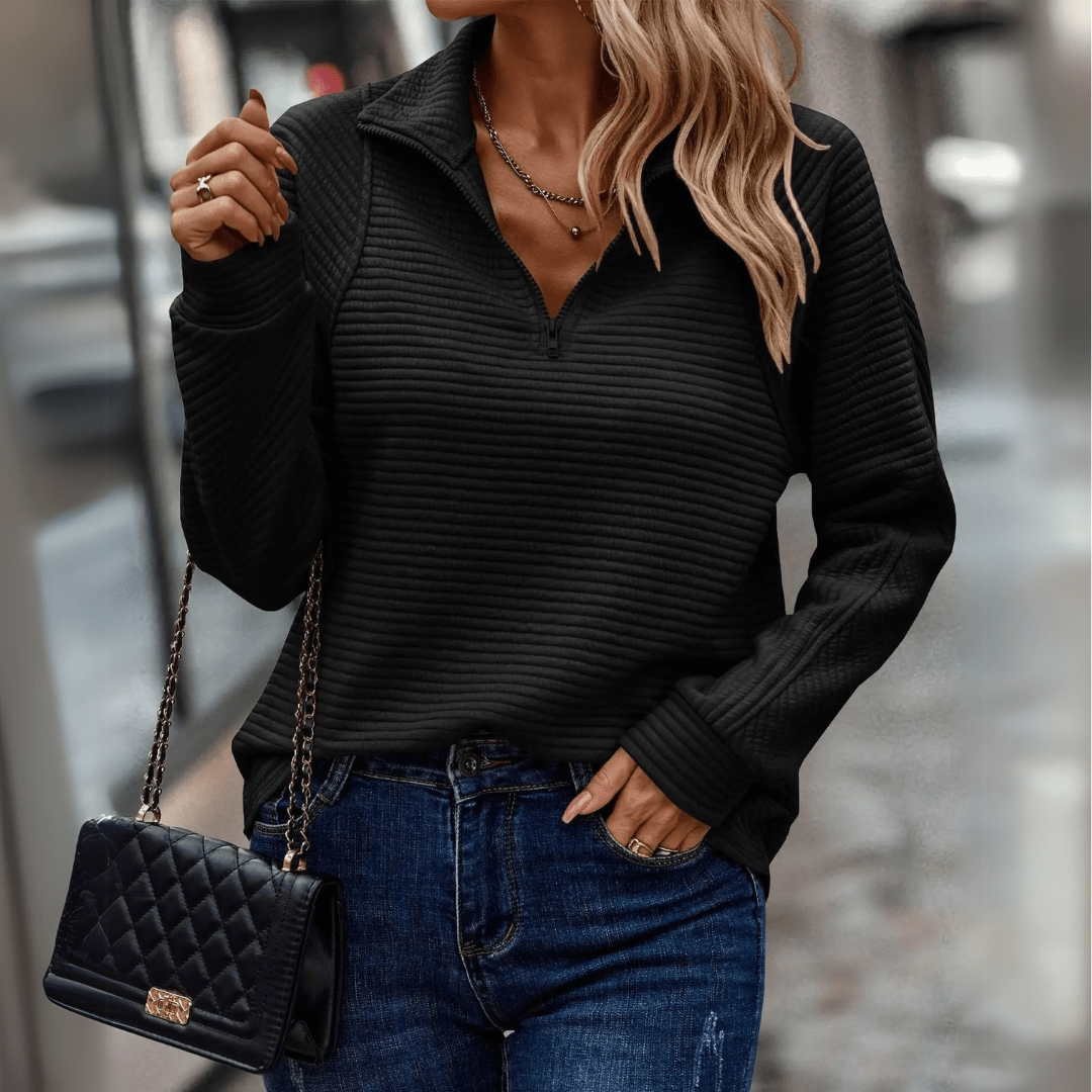Women's Half-Zip Sweater with Textured Surface and Relaxed Fit - Black
