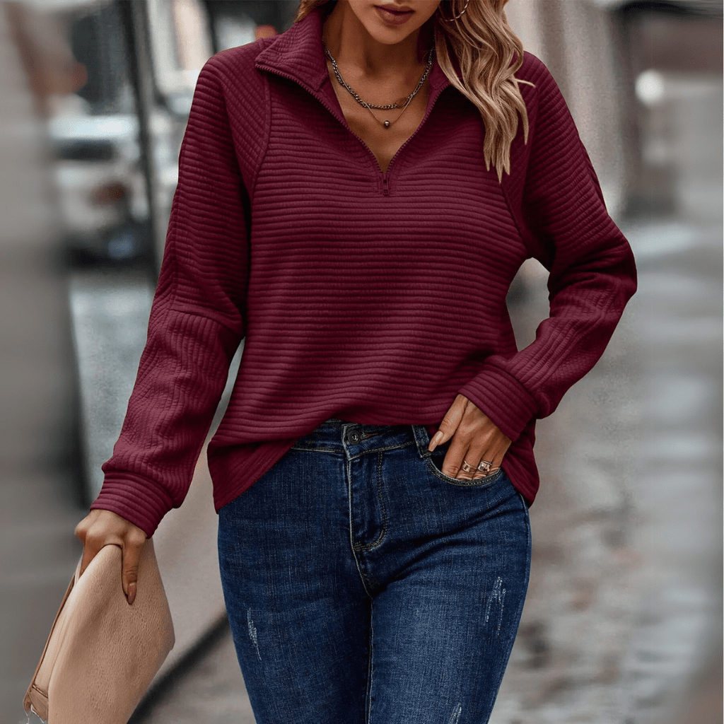 Women's Half-Zip Sweater with Textured Surface and Relaxed Fit - Red