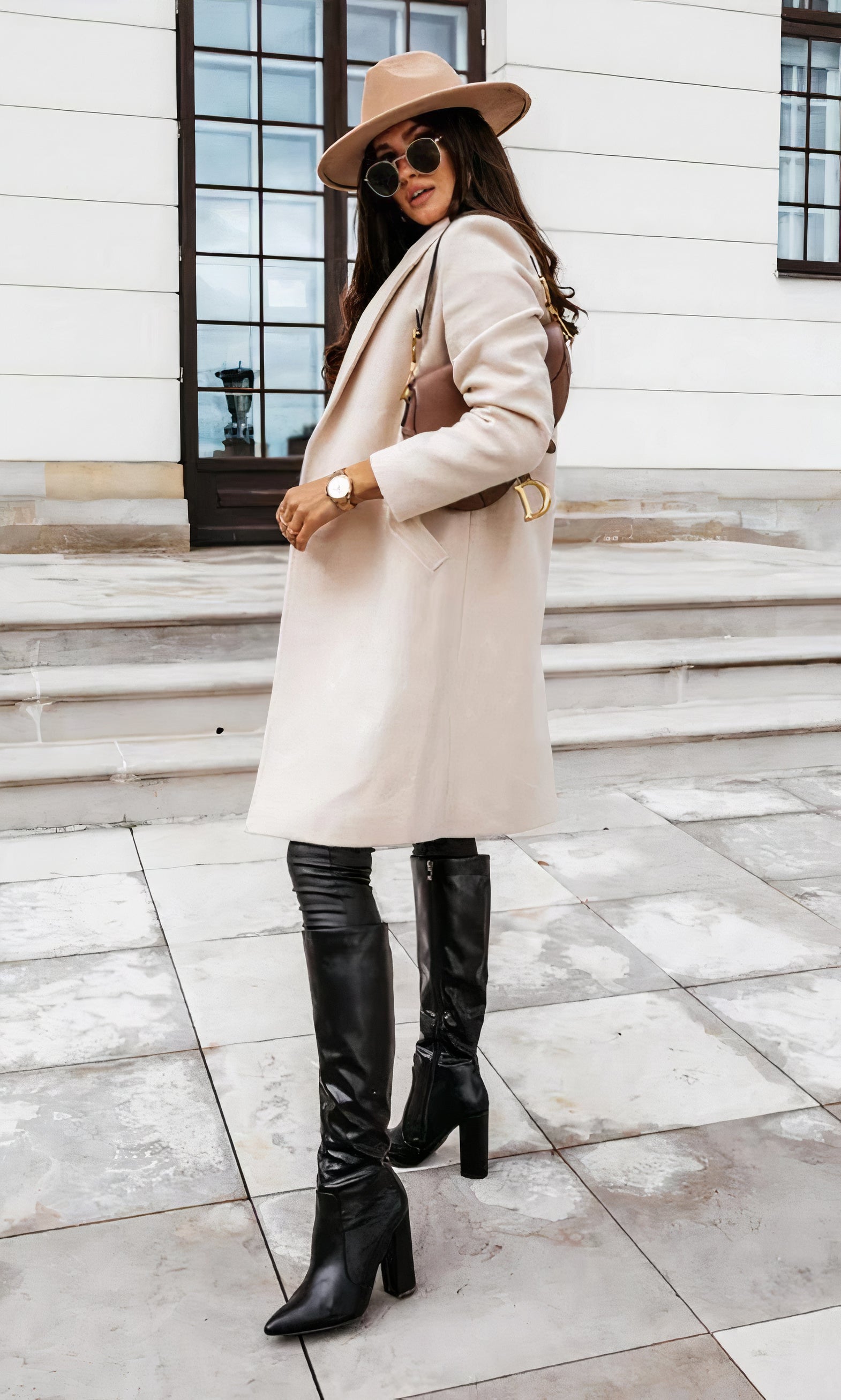 Women's Long Winter Coat, Fitted Silhouette, Classic Collar, Button Placket with Lining - Beige