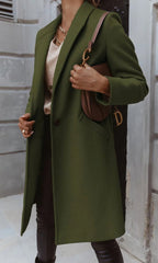 Women's Long Winter Coat, Fitted Silhouette, Classic Collar, Button Placket with Lining - Army Green